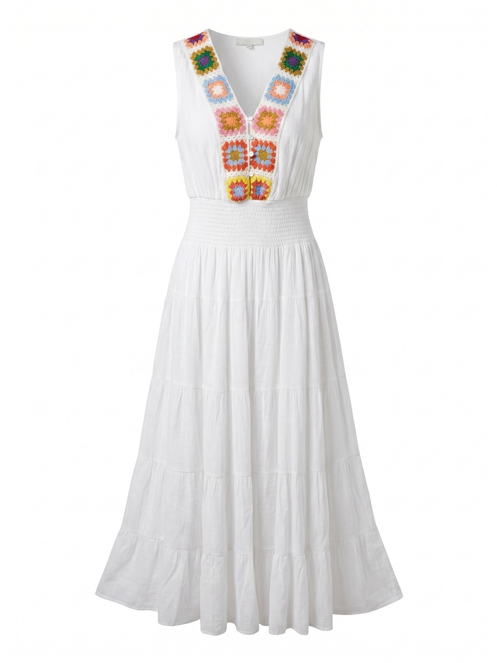 J Gee White Boho Tiered Maxi Dress with Colorful Granny Square Crochet Trim - Picture 2 of 10